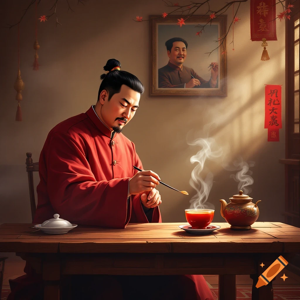 A man in traditional Chinese clothing is enjoying tea in a tea house. There is a portrait on the wall.