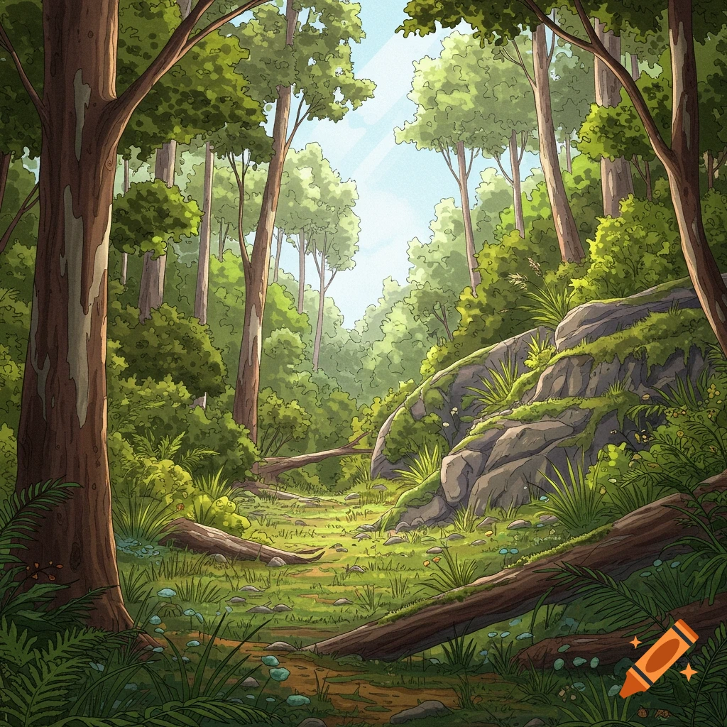 Drawing of a lush forest path winding through trees, rocks, and ferns, with sunlight filtering through the canopy.