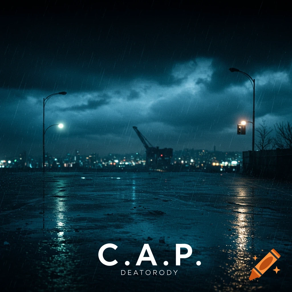 A rainy night cityscape with lights reflecting on a wet road. Text overlays 'C.A.P.' and 'DEATORODY'.