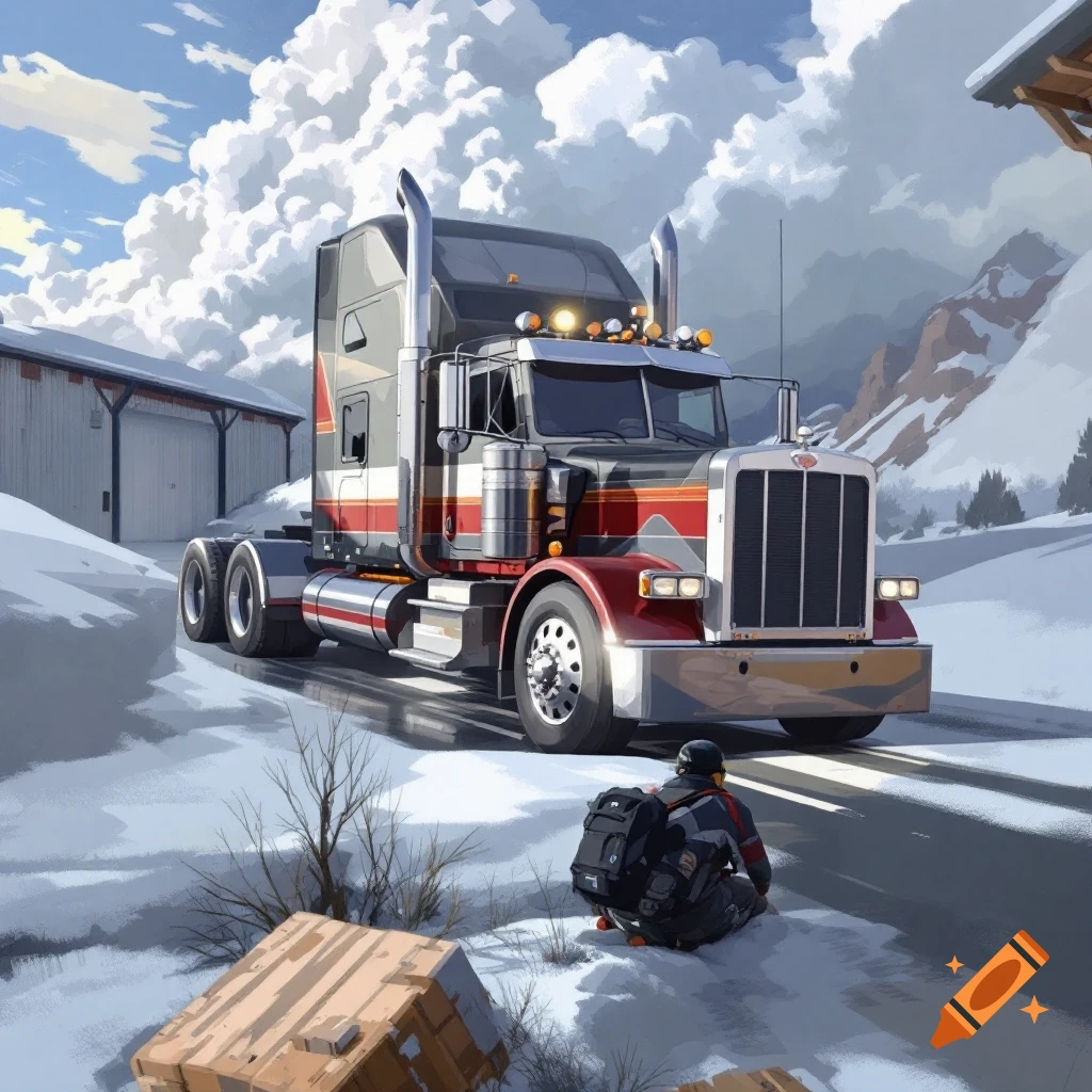 A semi-truck on a snowy mountain road, with a person sitting in the foreground.