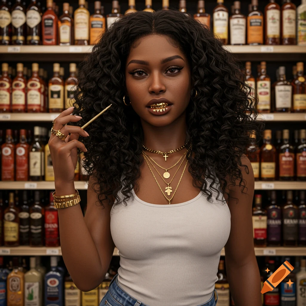 Photorealistic portrait of a woman with gold teeth and jewelry in a liquor store