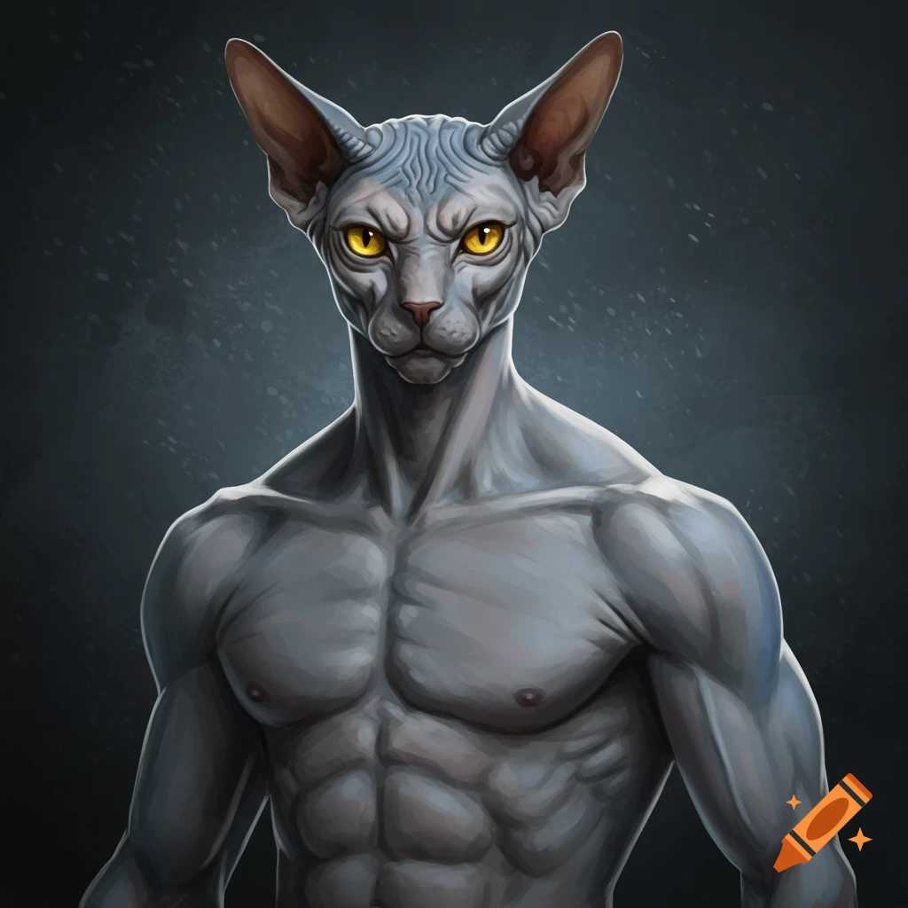A muscular, humanoid Sphynx cat with yellow eyes.