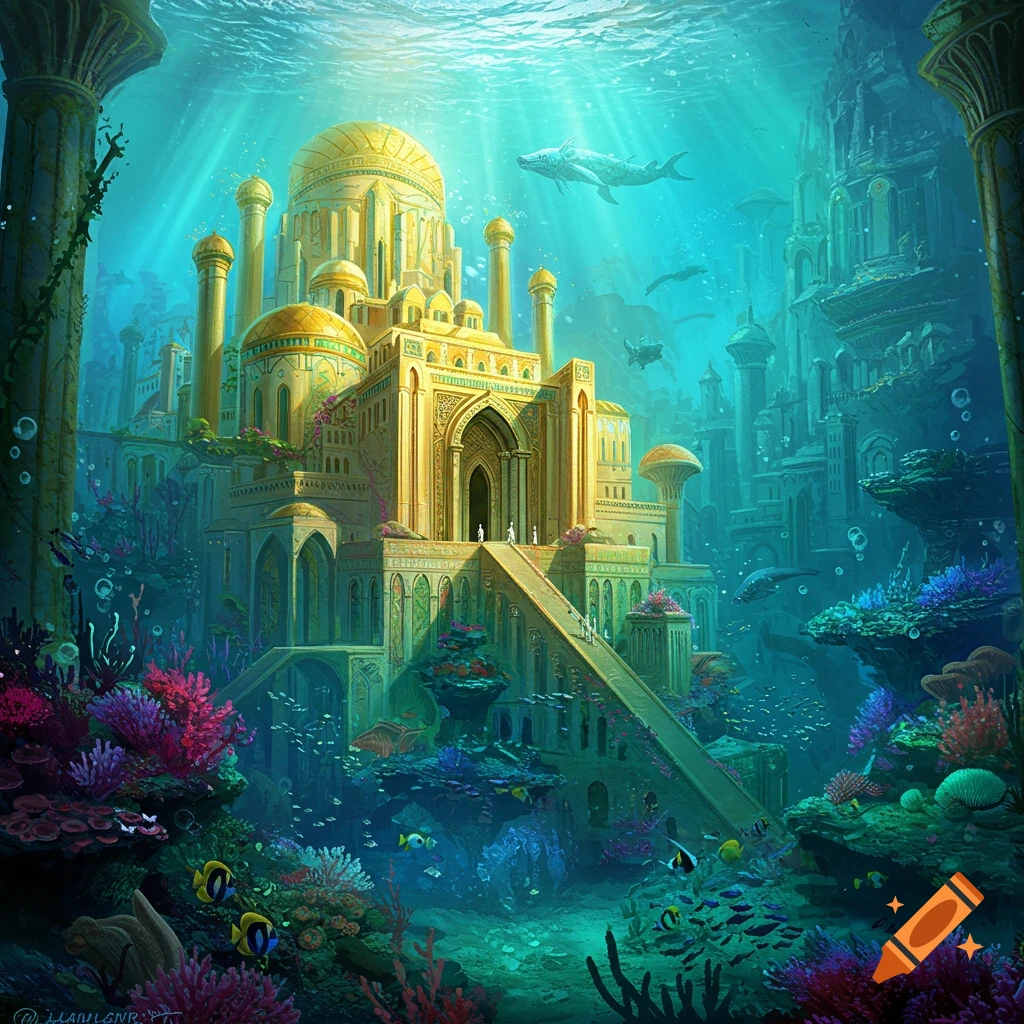 A vibrant underwater fantasy city with golden architecture, coral reefs, and fish.