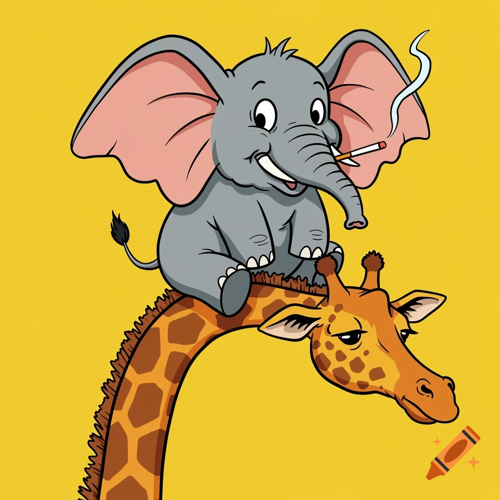 A whimsical cartoon elephant sits on a giraffe's neck and smokes a cigarette, in a pop art style illustration.