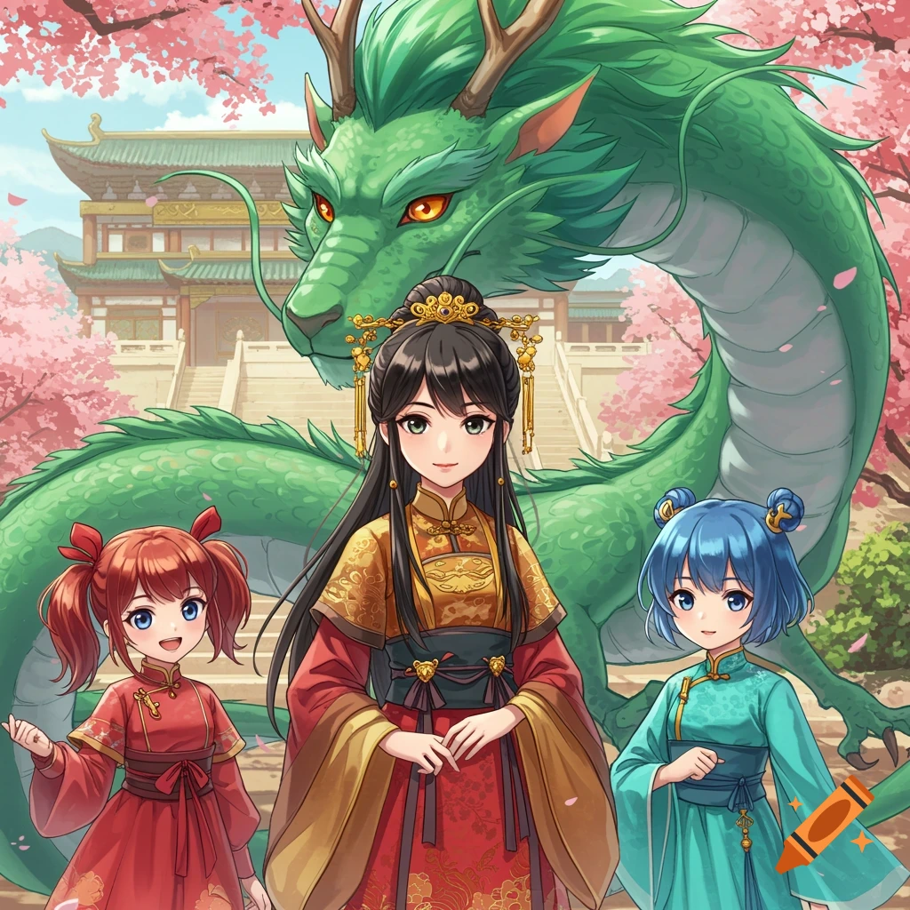 Anime illustration of three girls and a green dragon in front of a palace with cherry blossoms.