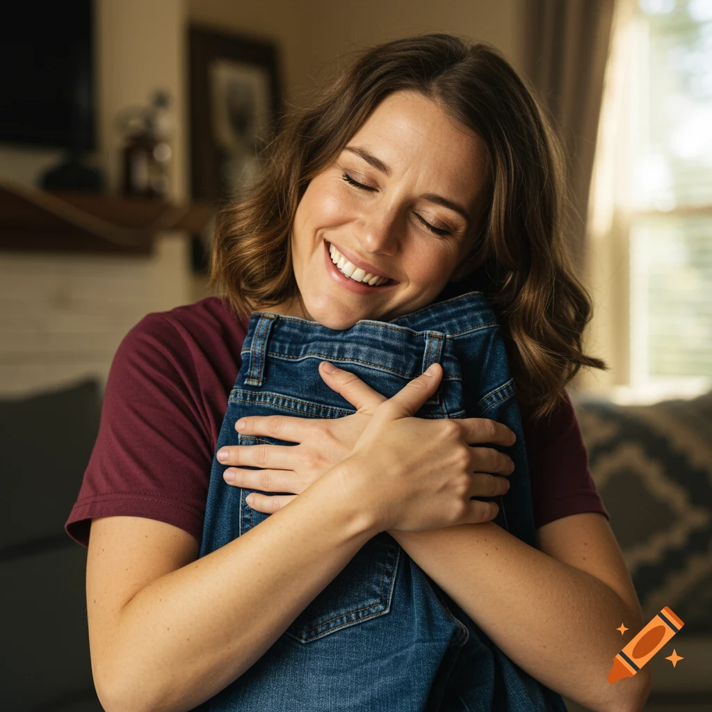 A smiling woman with closed eyes hugs a pair of blue jeans.