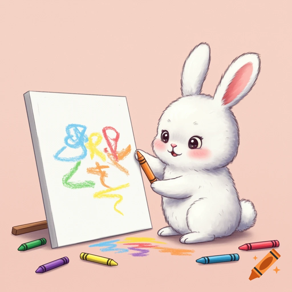A cute fluffy white bunny drawing on a canvas with colorful crayons scattered around.