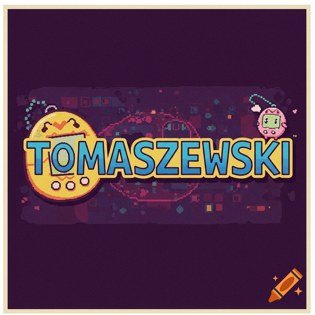 Pixel art graphic with the name Tomaszewski in pixelated font between two cartoon digital pets.