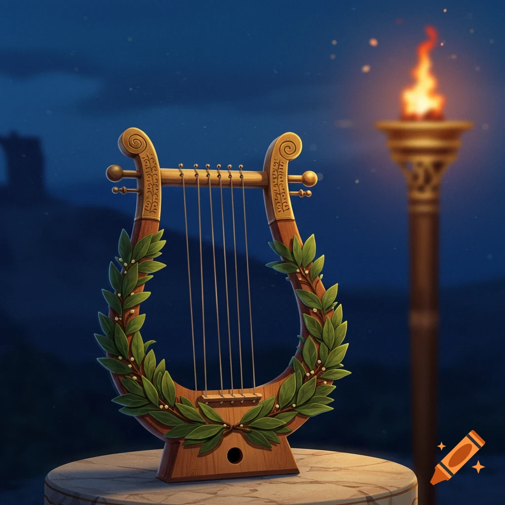 A lyre wrapped in laurels, on a stone pedestal with a flaming torch in the background.