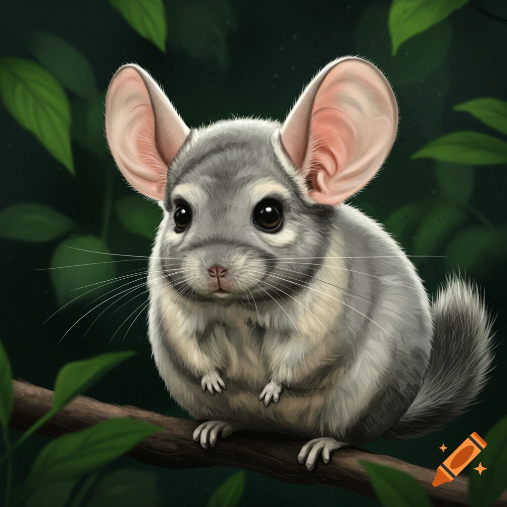 An image of a chinchilla with large ears sitting on a branch.