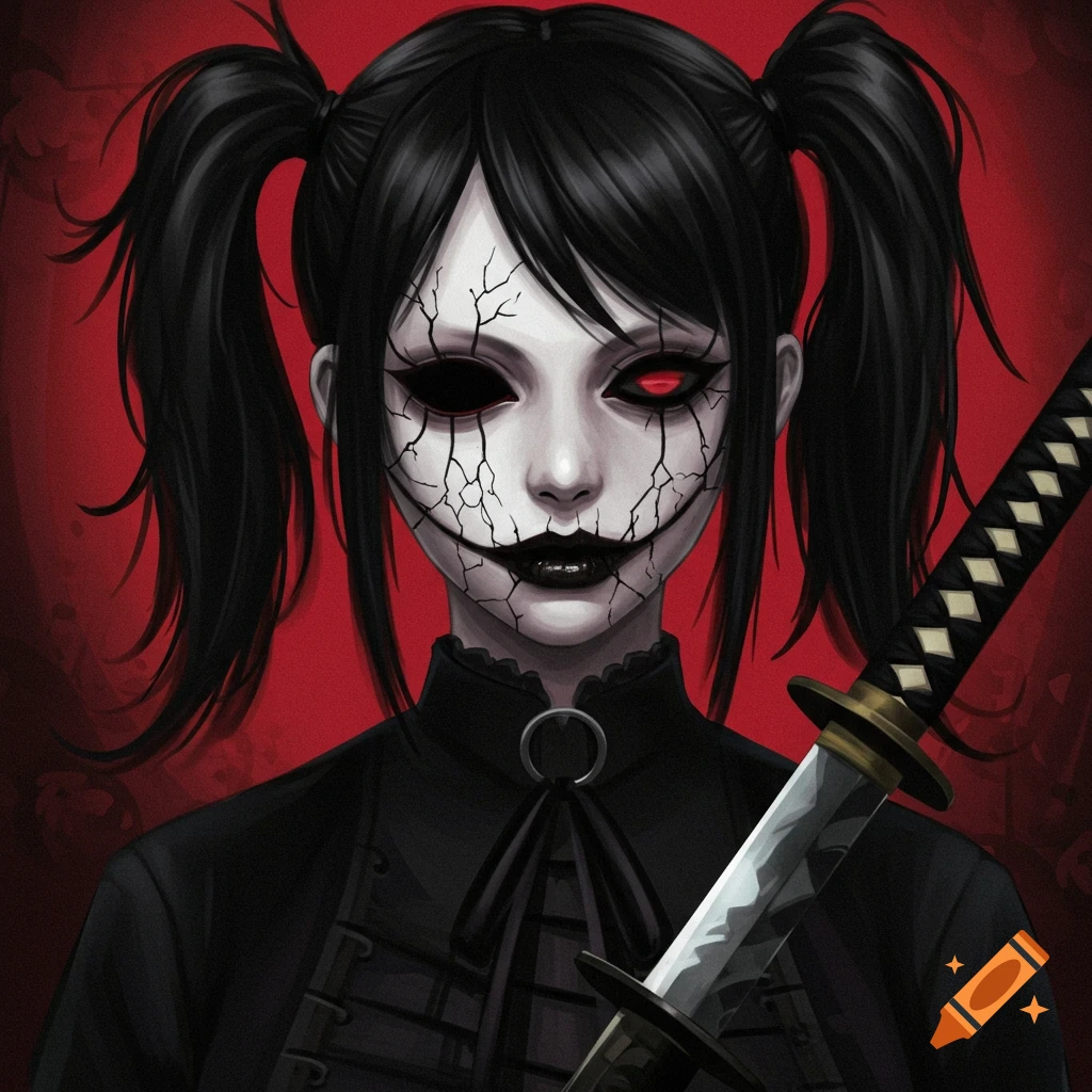 Anime girl with cracked face, black eyes, pigtails, and a katana