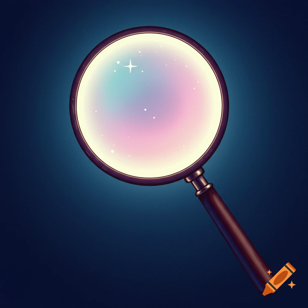 A classic magnifying glass with a sparkling, colorful lens.