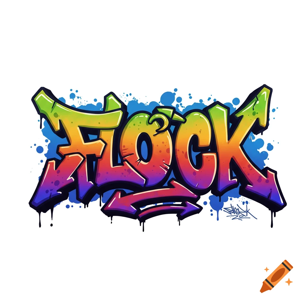 Colorful graffiti art spelling FLOCK with paint splatters and arrows.
