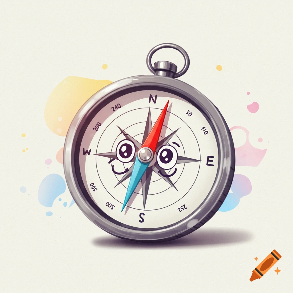 A cartoon compass with a face and googly eyes.