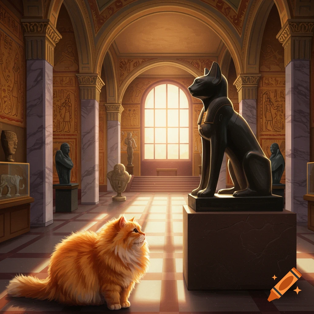 Orange cat in museum hall looking at Egyptian cat statue.