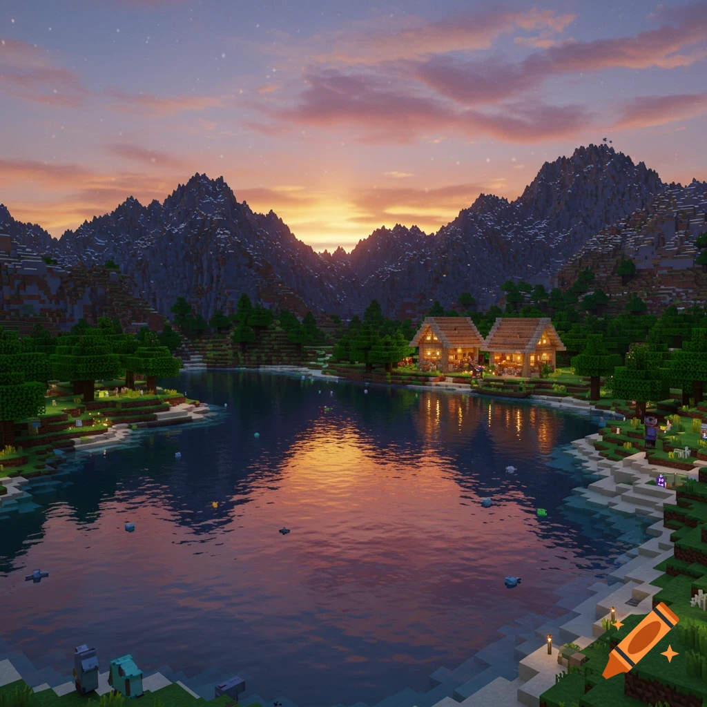 A blocky Minecraft landscape shows two cabins by a lake at sunset, surrounded by mountains and trees.