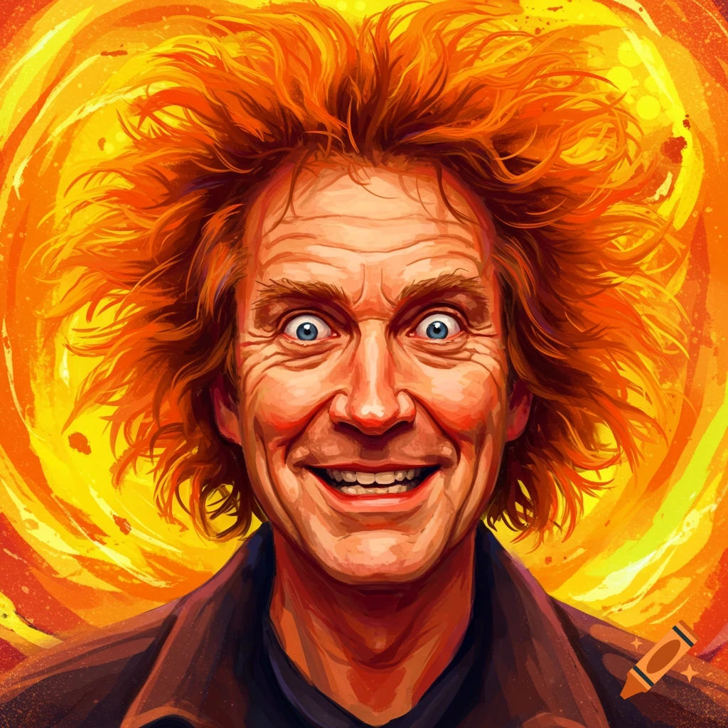 A man with wild orange hair and a wide grin against a swirling orange background.