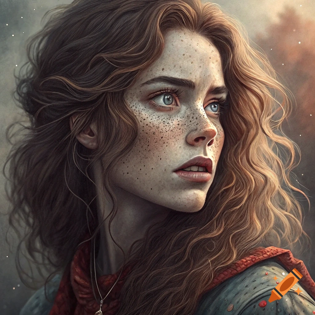 Portrait of a young woman with freckles, long wavy hair, and an intense expression.