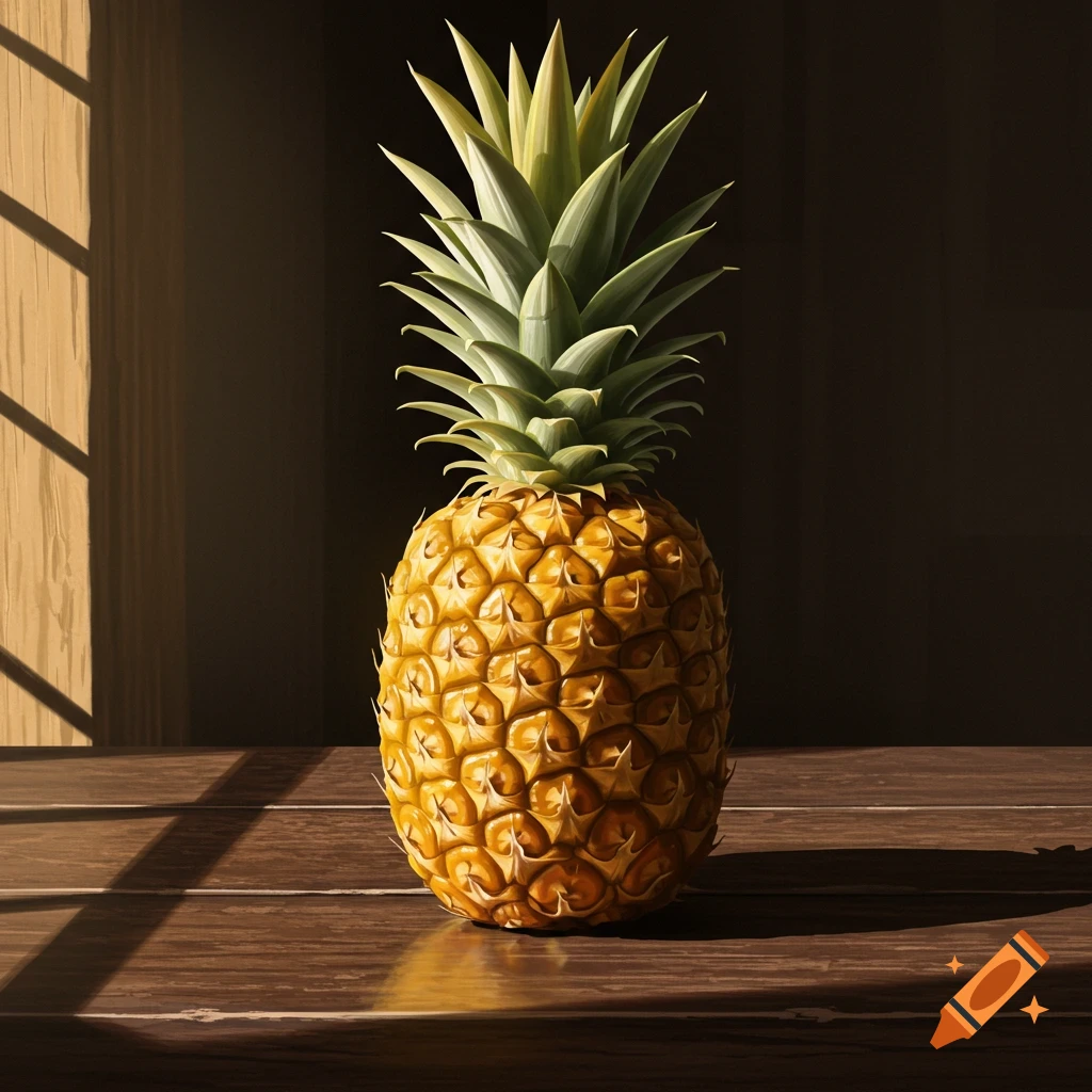 A pineapple on a wooden table with sunlight streaming in from the left.