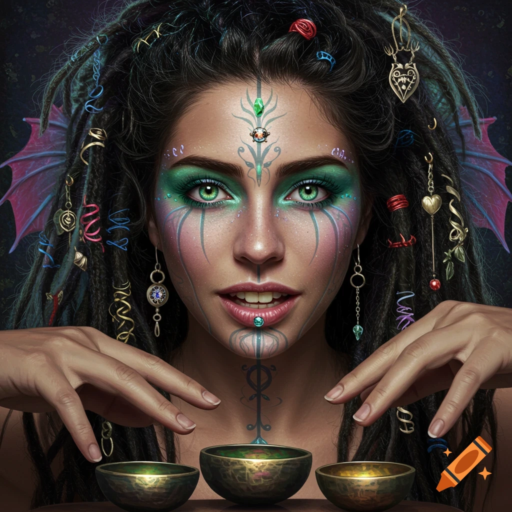 portrait of a fantasy woman with green eyes, elaborate makeup, dreadlocks with charms, and sound bowls