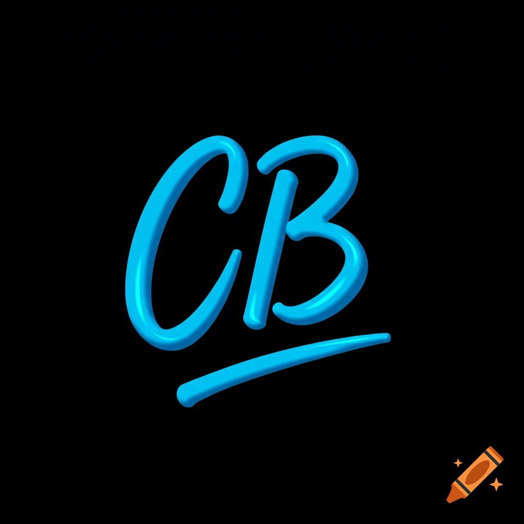 Blue cursive letters CB signature on a black background, digital art