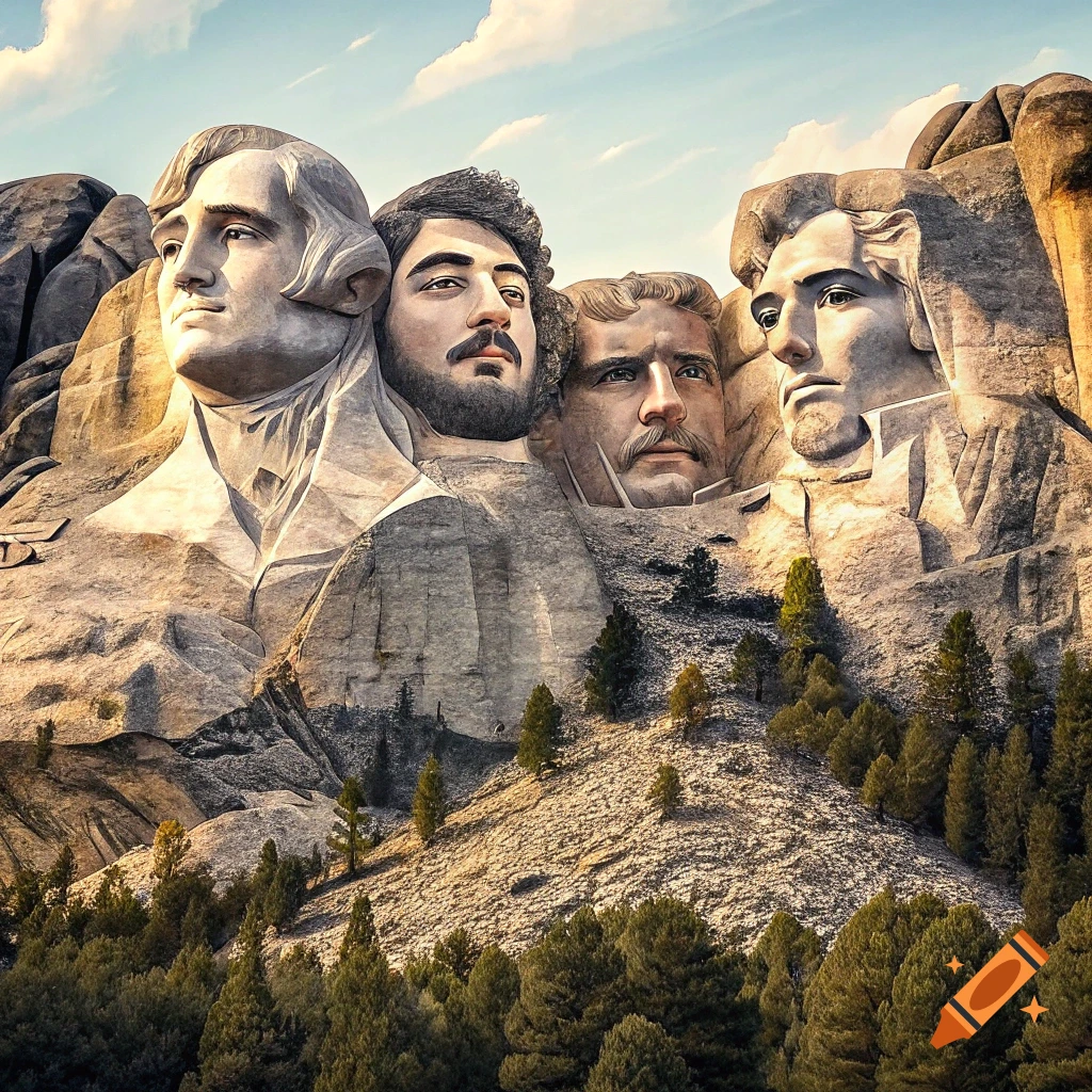 Mount Rushmore style carving on a mountain featuring four faces.