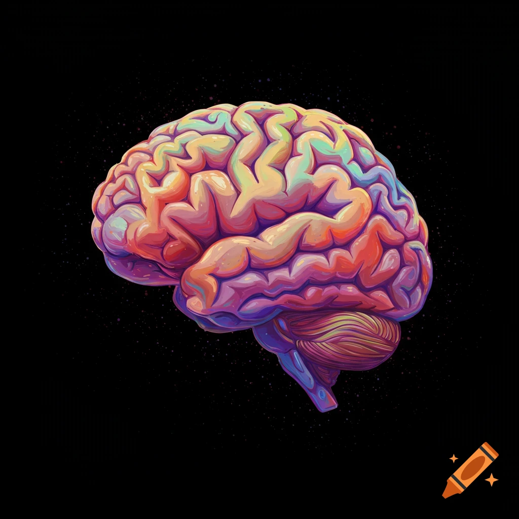 A stylized, colorful image of a human brain against a black background.