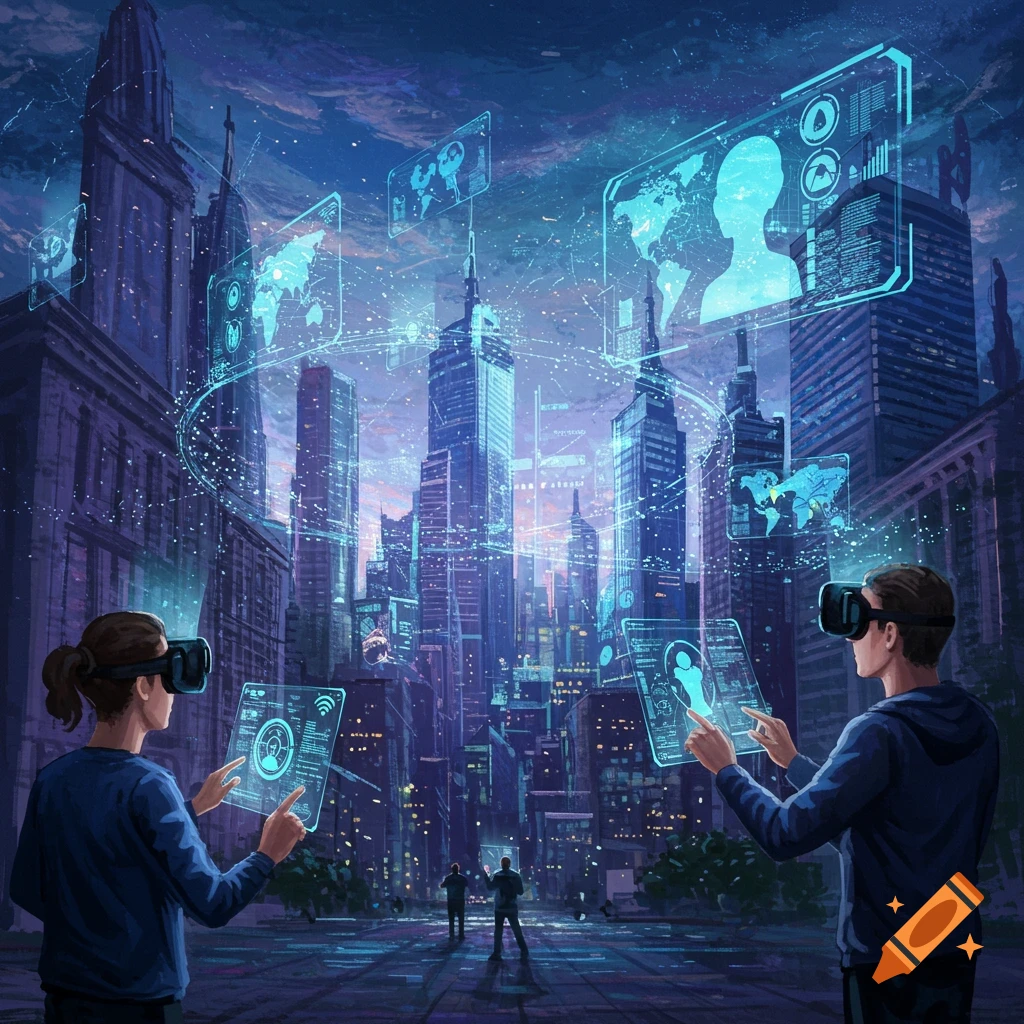 Two people in a futuristic city using virtual reality headsets and interacting with holographic screens.