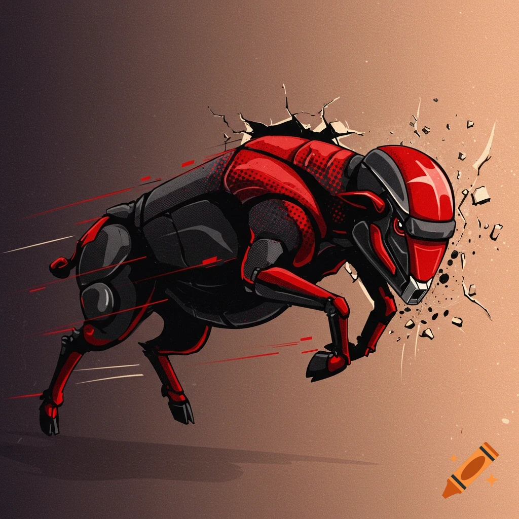 Red and black robotic ram breaking through a wall, comic art style
