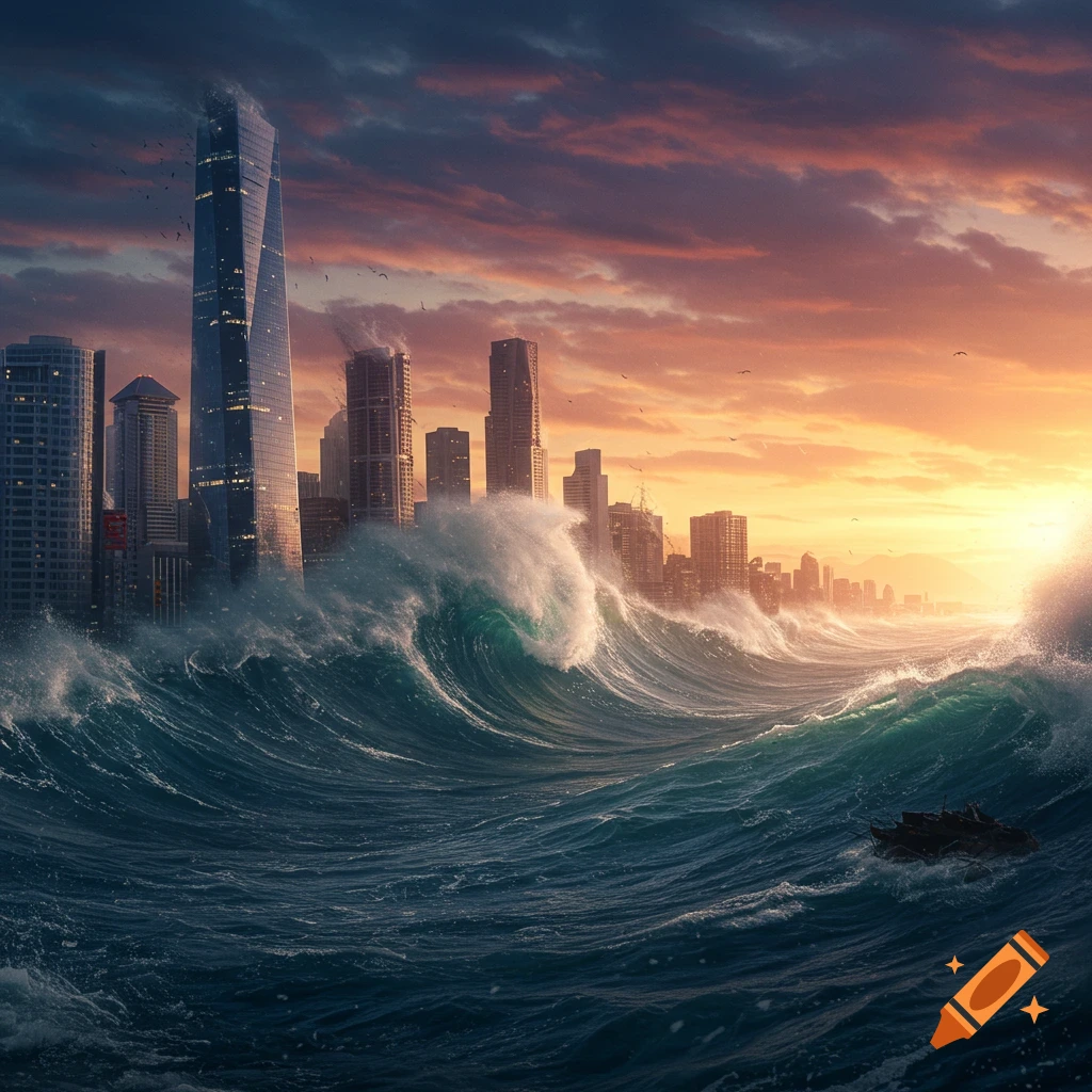 Gigantic waves flooding a city at dusk.
