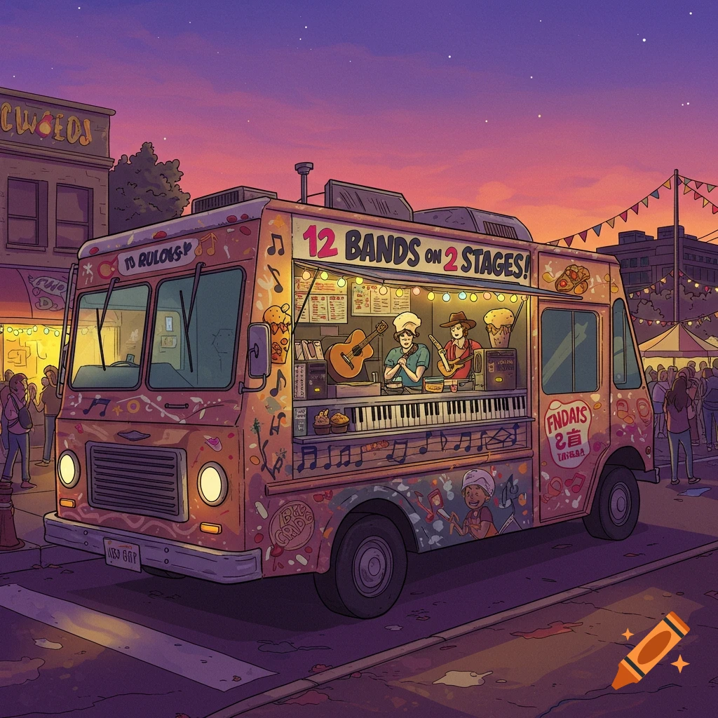 A stylized illustration of a music festival food truck with performers inside, set against a colorful sunset sky.