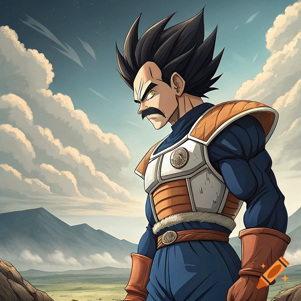Stylized character resembling Vegeta in armor in a landscape.
