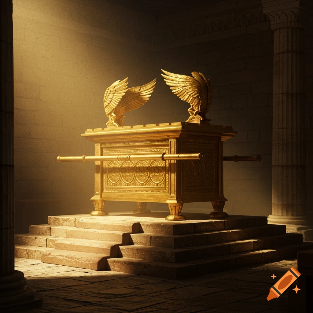 A golden Ark of the Covenant sits on stone steps in a dimly lit chamber with columns.
