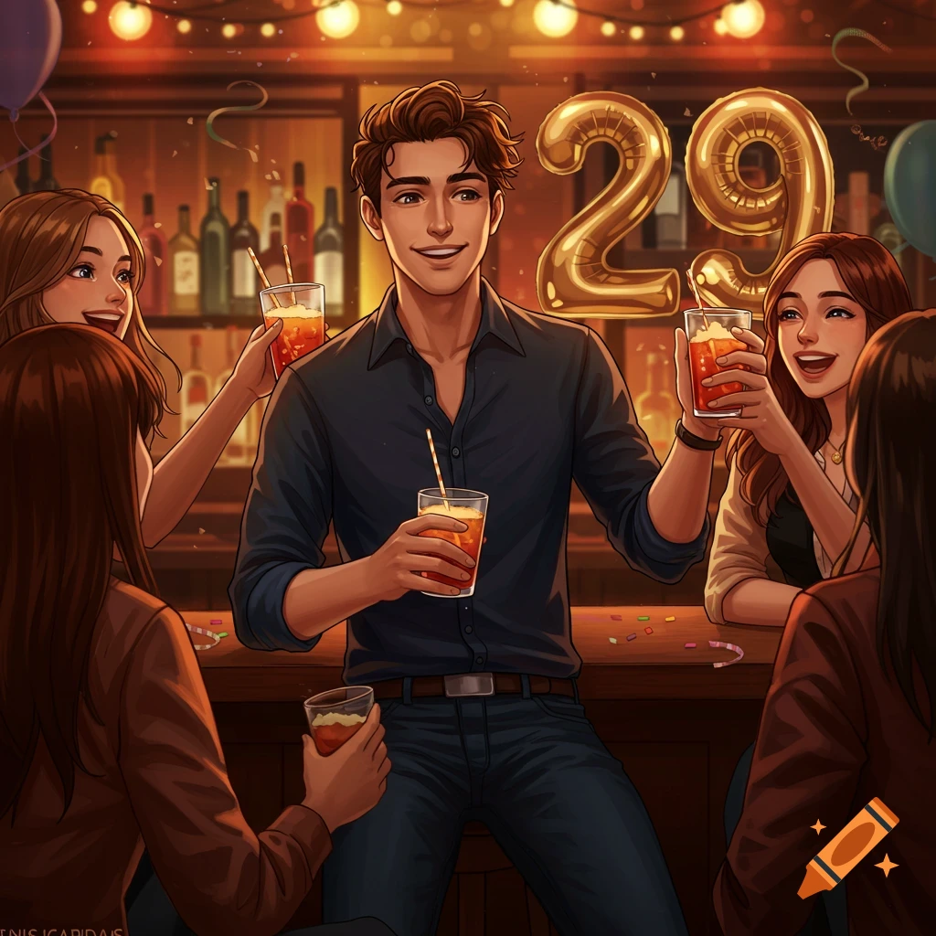 A young man celebrates his 29th birthday with friends at a bar, with balloons showing '29'.