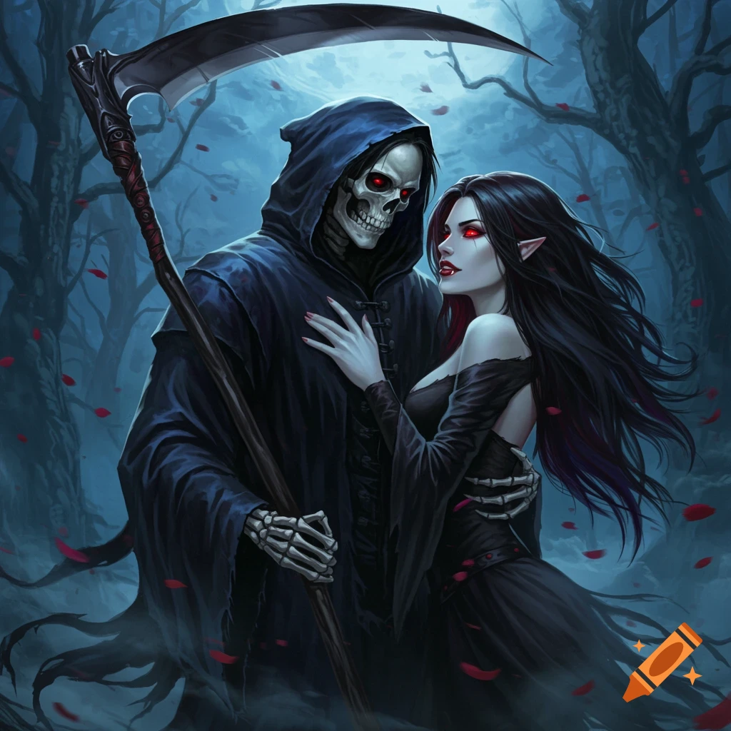The Grim Reaper embraces a vampire woman in a dark forest.
