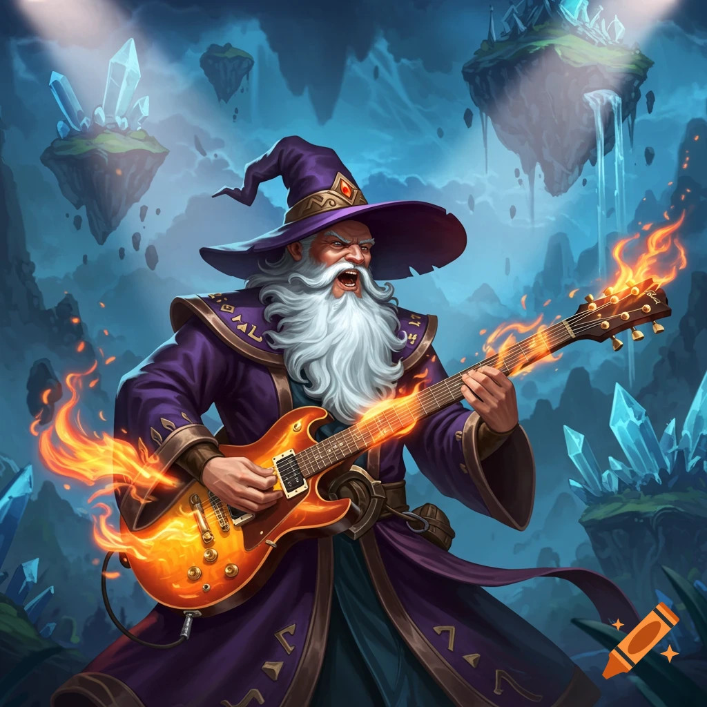 A wizard shreds an electric guitar engulfed in flames in a fantasy landscape with floating islands and crystals.
