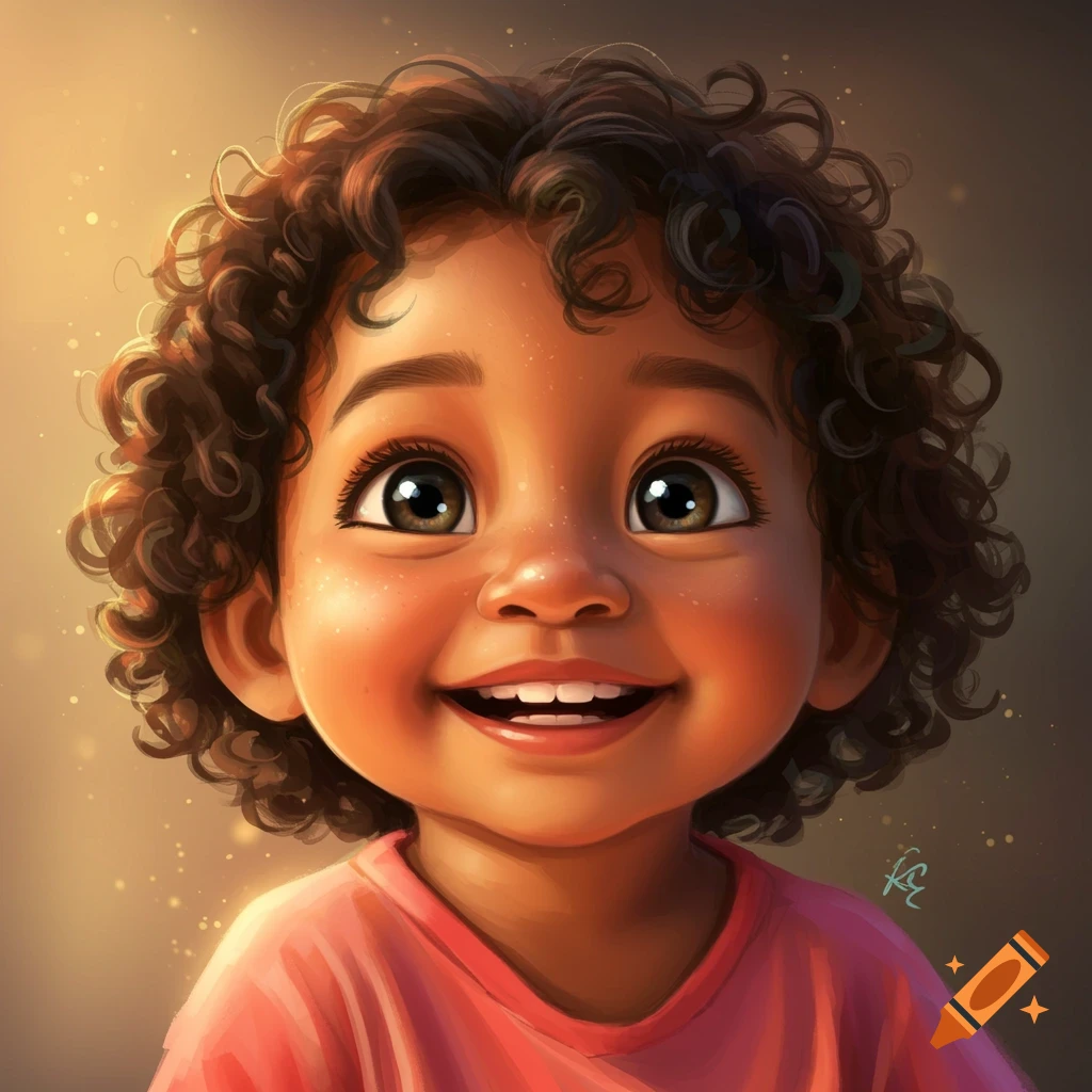 A close-up portrait of a smiling young child with curly brown hair.