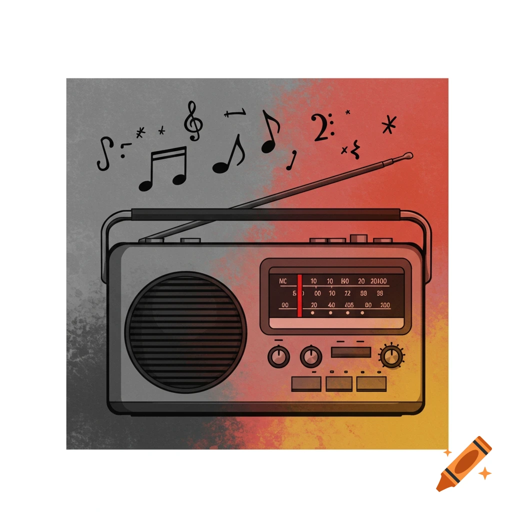 A digital illustration of a transistor radio with music notes and symbols above it. The background is grayscale on the left transitioning to warm colors on the right.