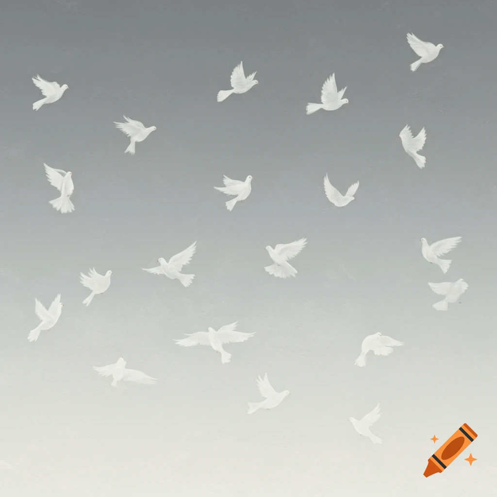 White doves flying in a gray sky.