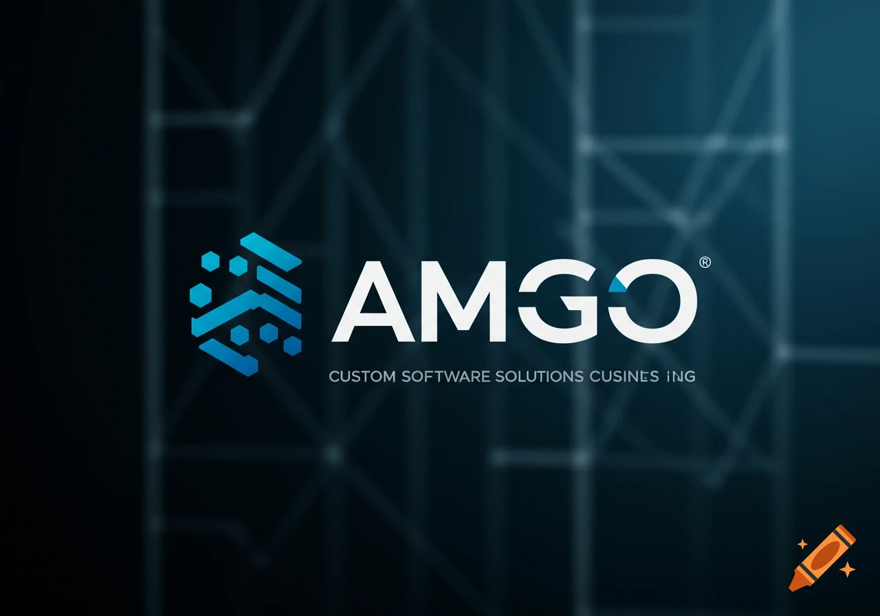 Blue geometric logo icon and white text 'AMGO' and 'CUSTOM SOFTWARE SOLUTIONS CUSINES ING' on a dark blue background.