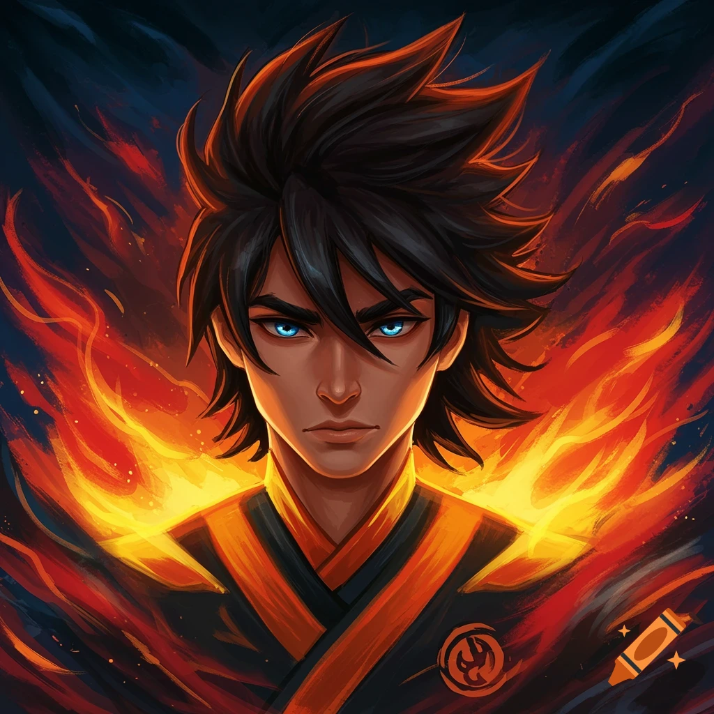 A young man with black hair and blue eyes in a ninja outfit, surrounded by flames, in an anime style.