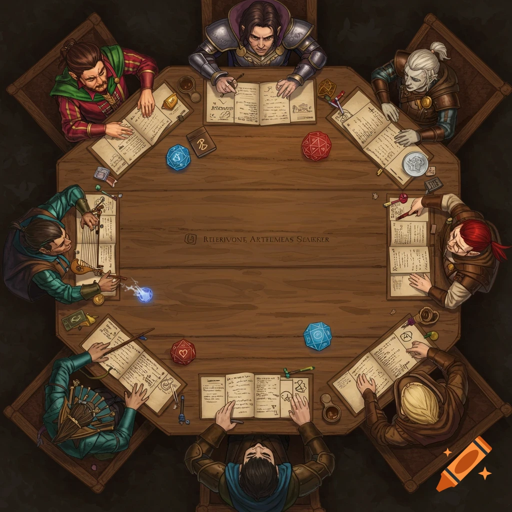 A birds-eye view of fantasy characters playing a tabletop RPG, gathered around a large wooden table with rulebooks and dice.