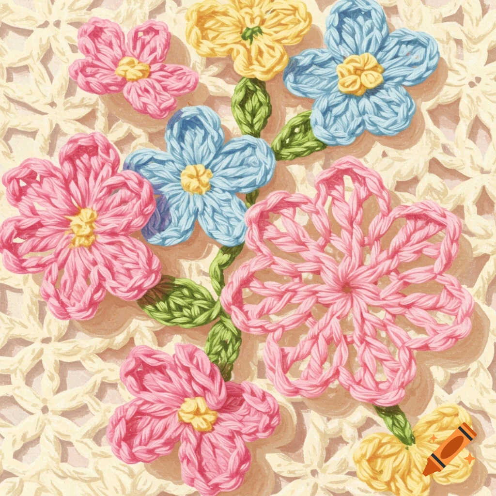 A close-up of crocheted flowers and leaves in pink, blue, and yellow against a cream crocheted background.