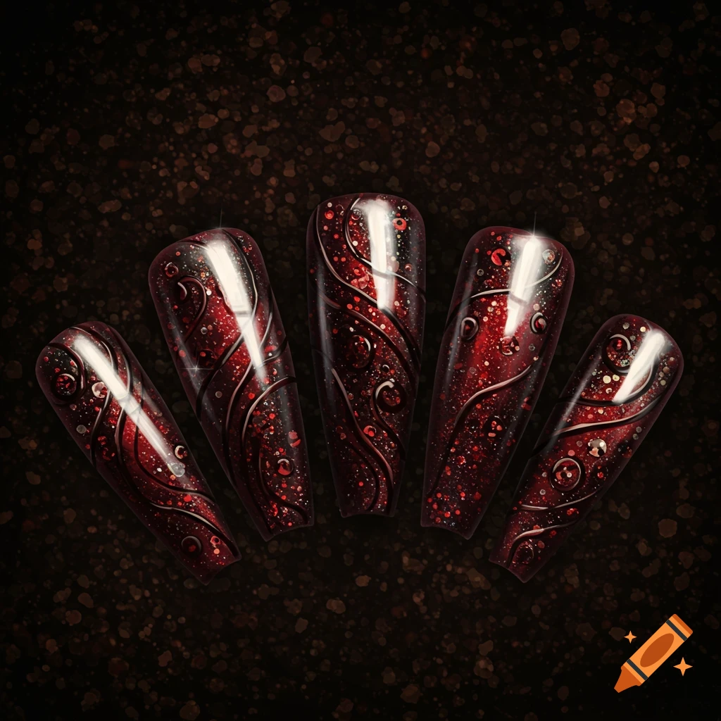 Five coffin-shaped nails with intricate red, black, and sparkly swirling designs.