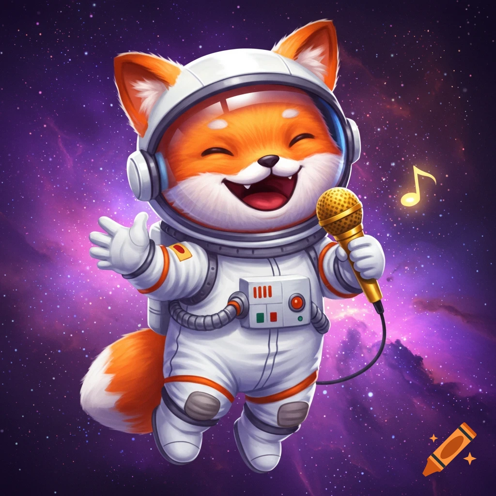A cute cartoon fox astronaut sings into a microphone in space.