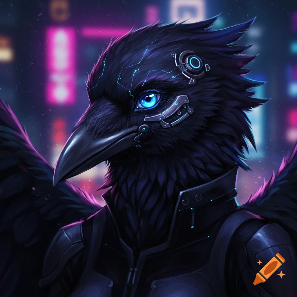 A cybernetic anthropomorphic raven character stands against a cyberpunk city background.
