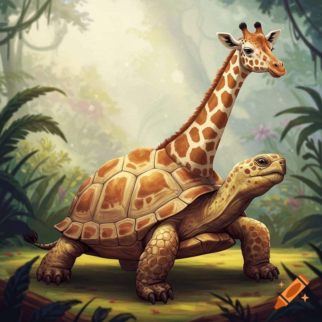 A fantasy creature, half giraffe and half turtle, standing in a jungle.