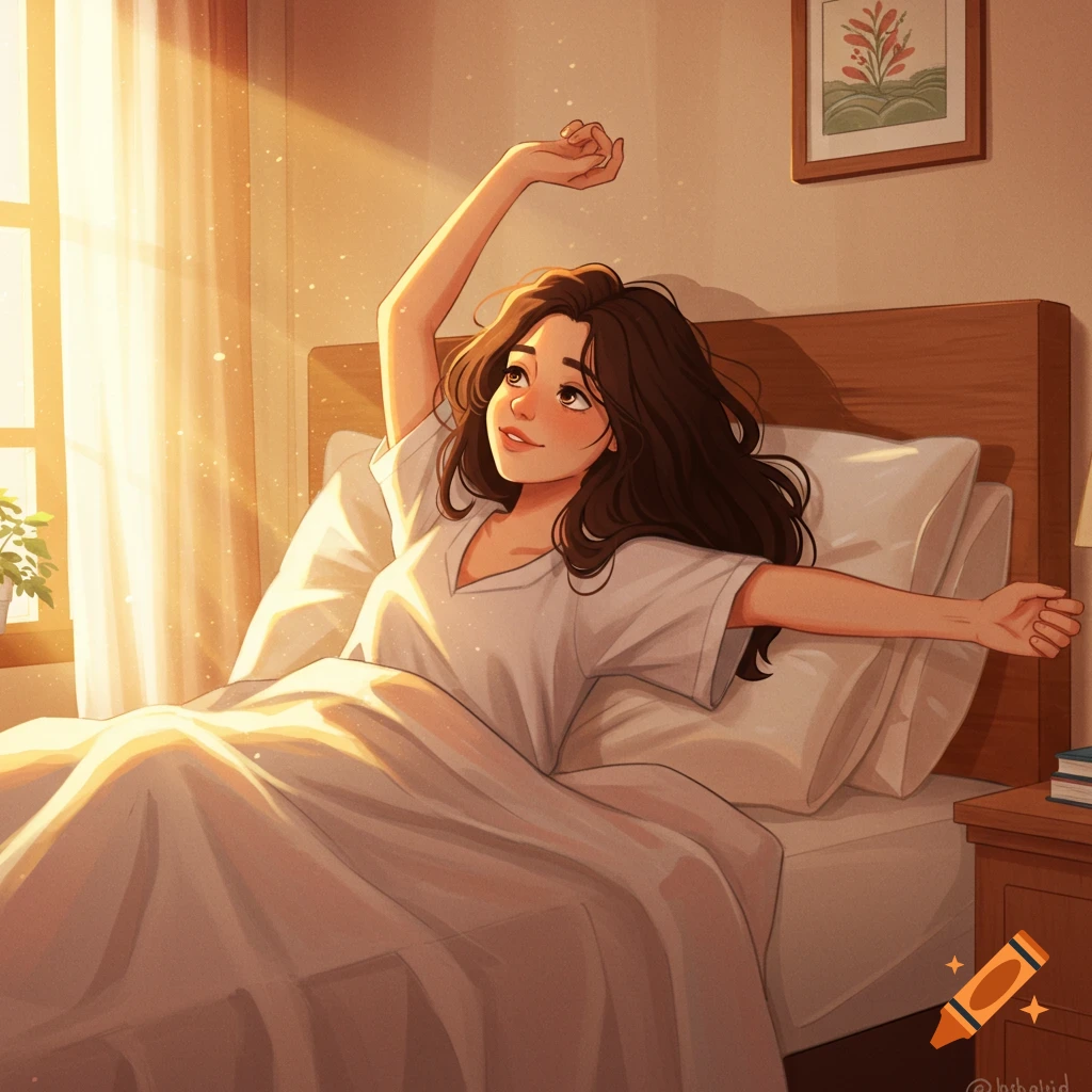 A woman stretches in bed in the morning sunlight.