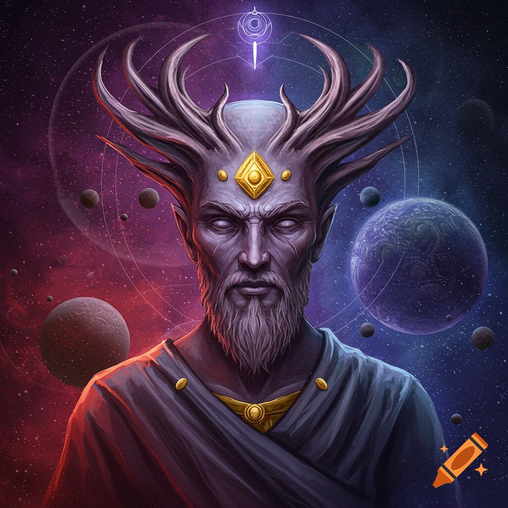 A portrait of a bearded figure with antlers and a jewel on his forehead against a cosmic background with planets.