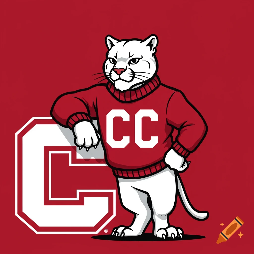 Cartoon white cougar mascot in a red sweater leaning on a large letter C